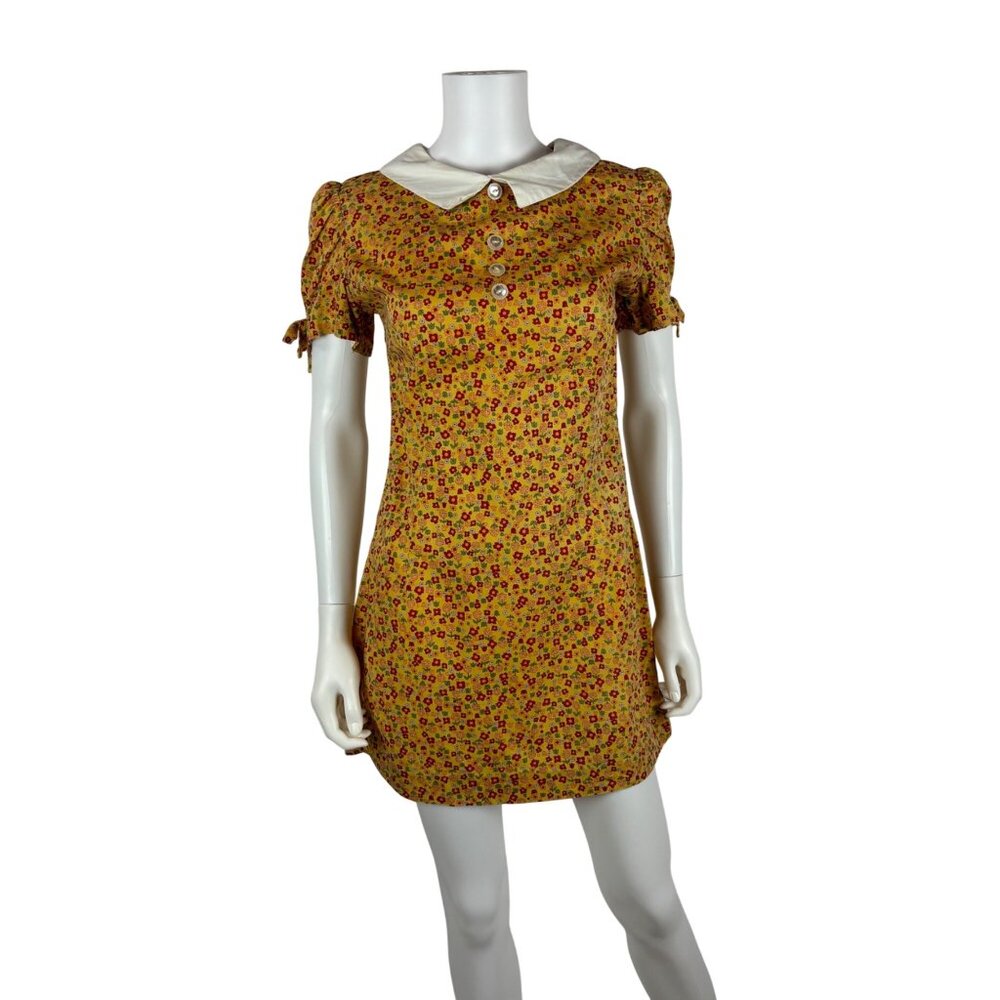Vintage 60s Mod Mini Dress Womens Small Yellow Floral Peter Pan Collar Handmade - Picture 2 of 11